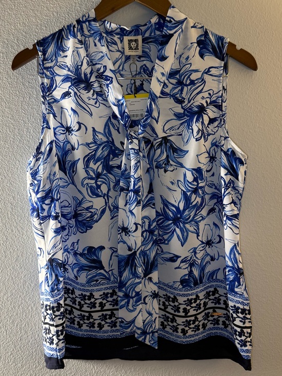 Anne Klein Tops - Anne Klein White and Blue Floral Sleeveless Tie-Neck Camisole